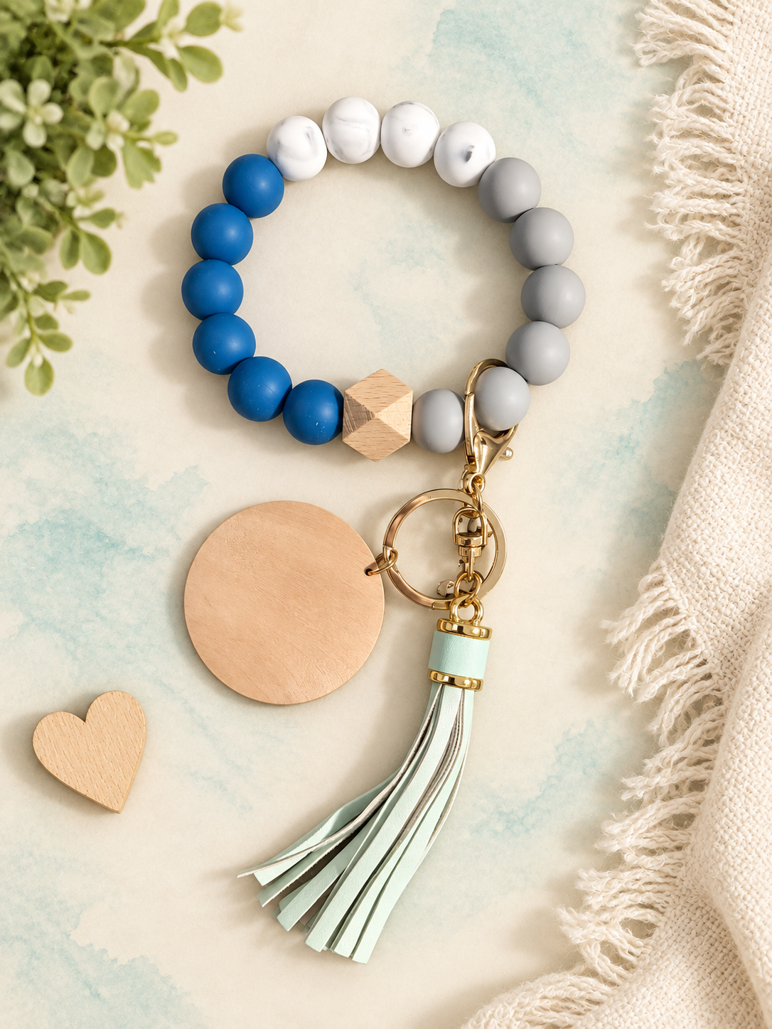 Coastal Blue & Gray Beaded Wristlet Keychain