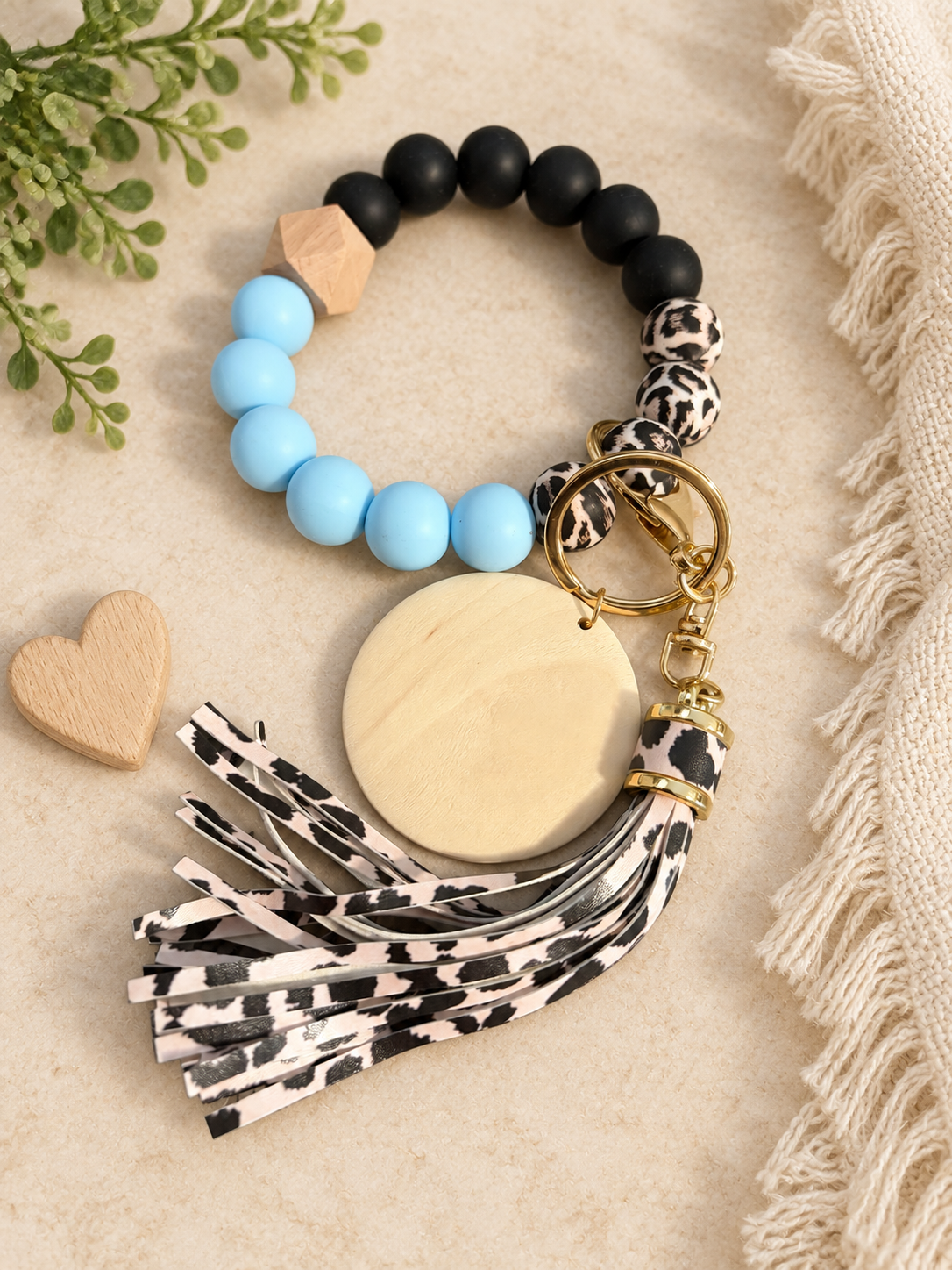Wild Blue Leopard Beaded Wristlet Keychain