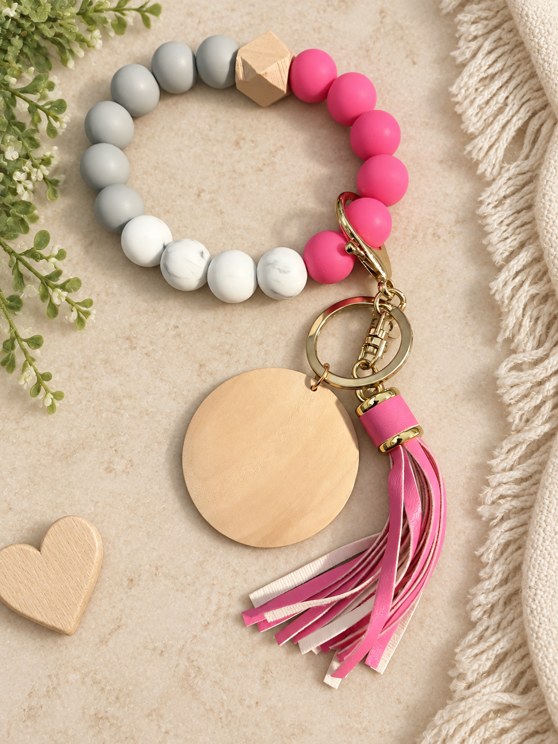 Hot Pink & Marble Beaded Wristlet Keychain