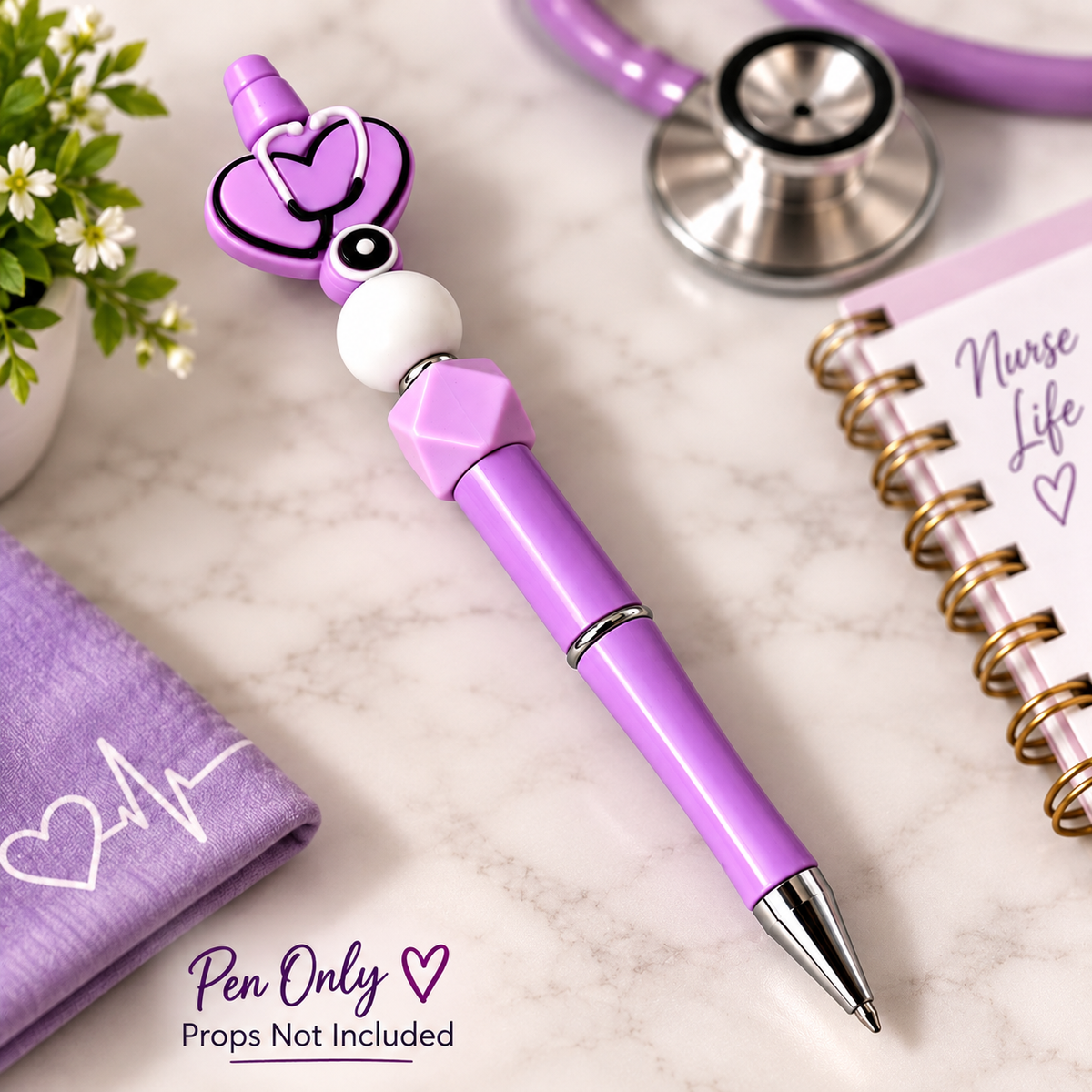 Purple Nurse Life Beaded Pen – Stethoscope Heart