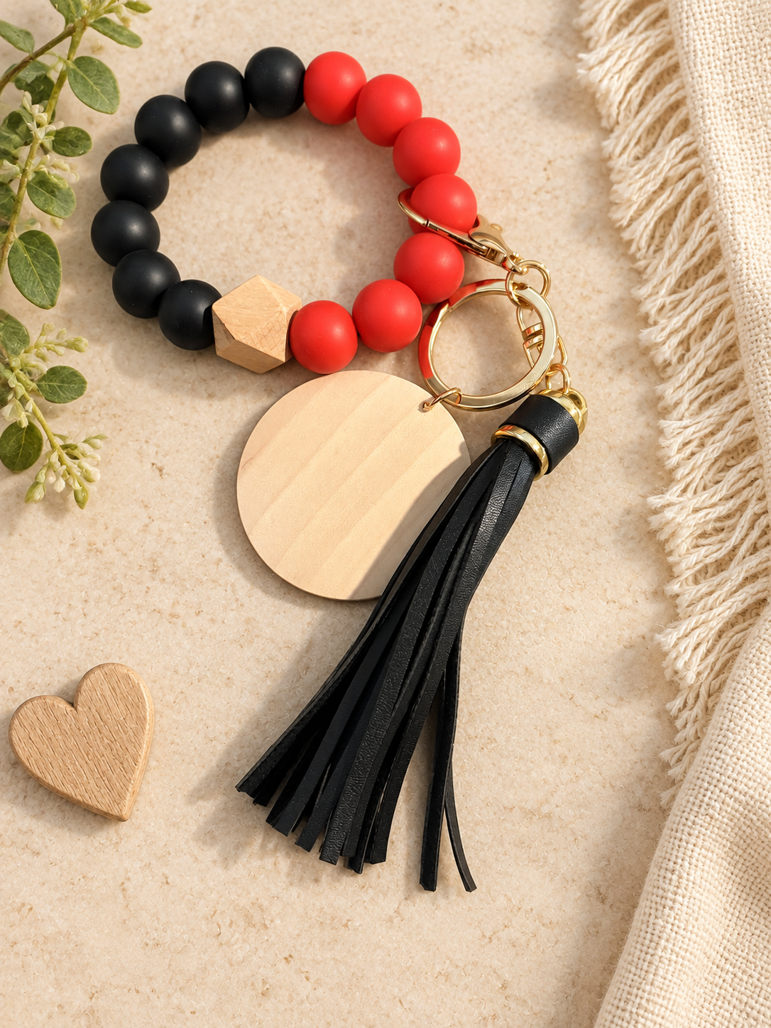 Bold Red & Black Beaded Wristlet Keychain