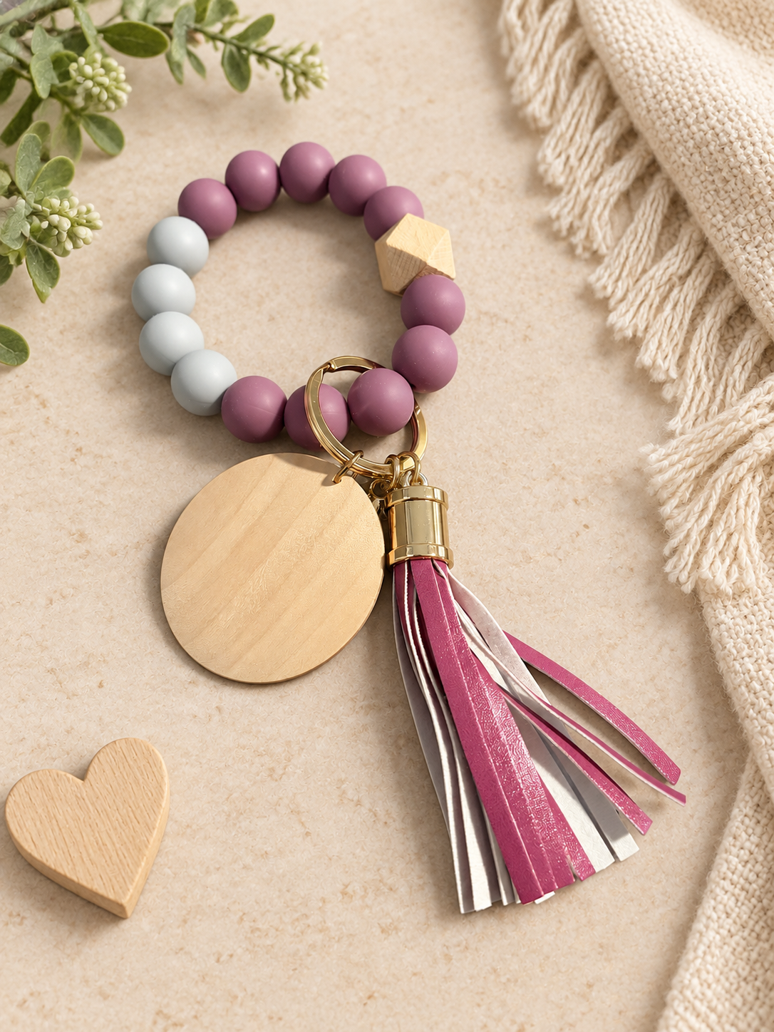 Dusty Mauve & Gray Beaded Wristlet Keychain