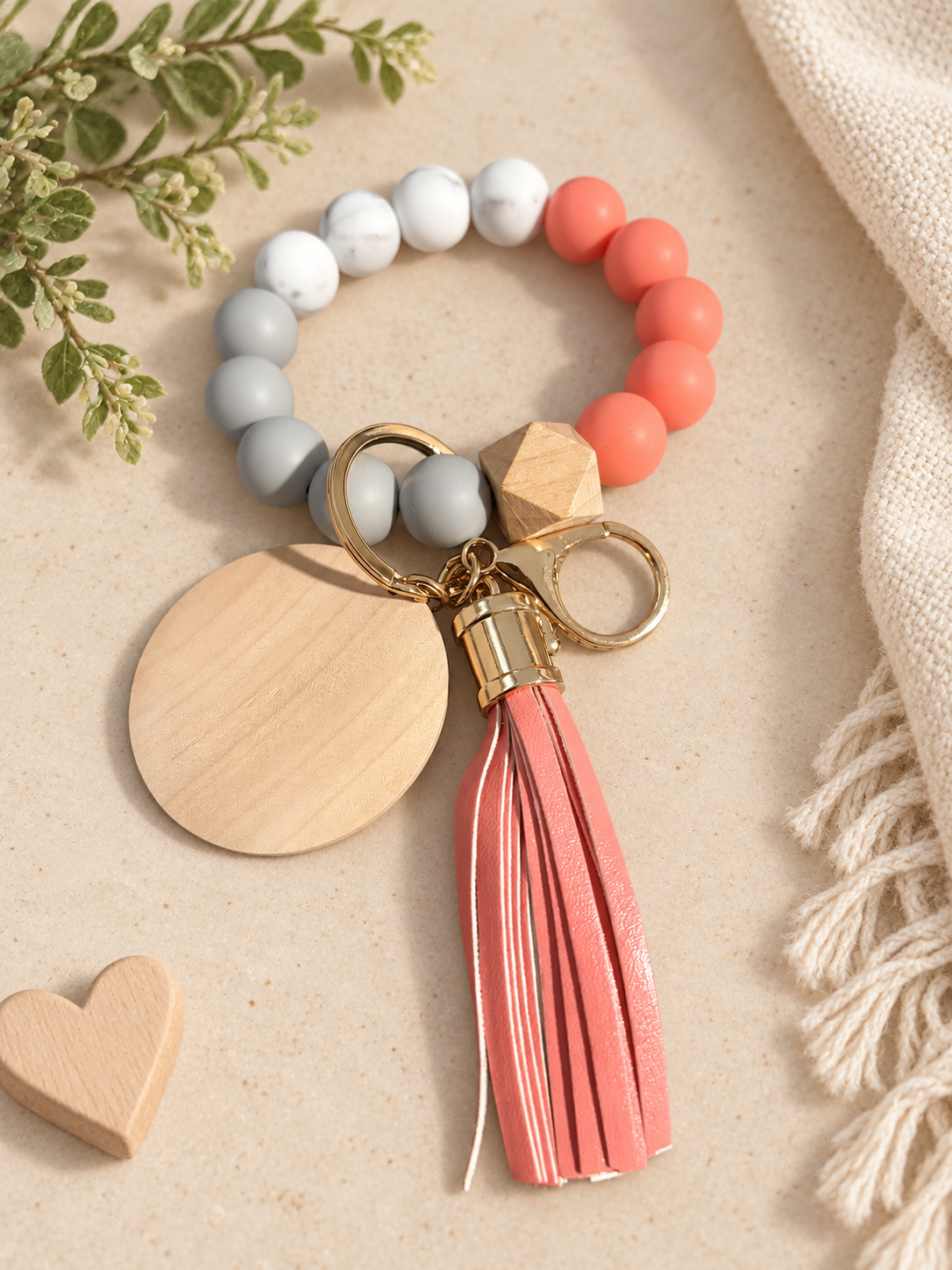 Coral & Gray Marble Beaded Wristlet Keychain