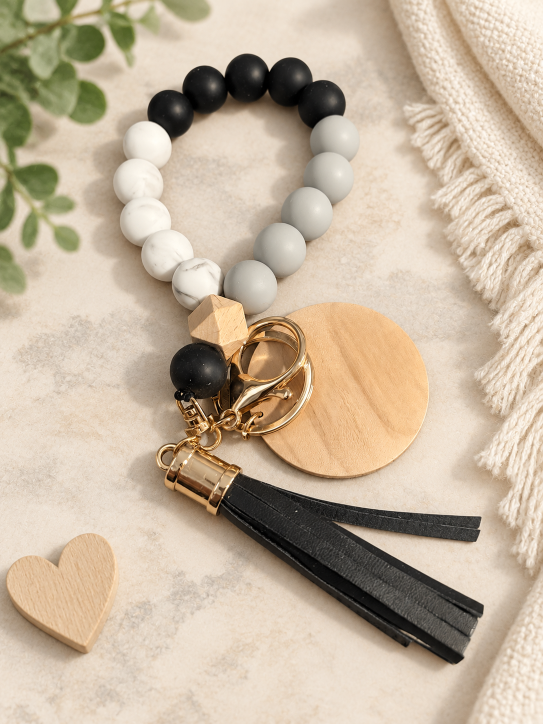 Classic Black & Gray Beaded Wristlet Keychain