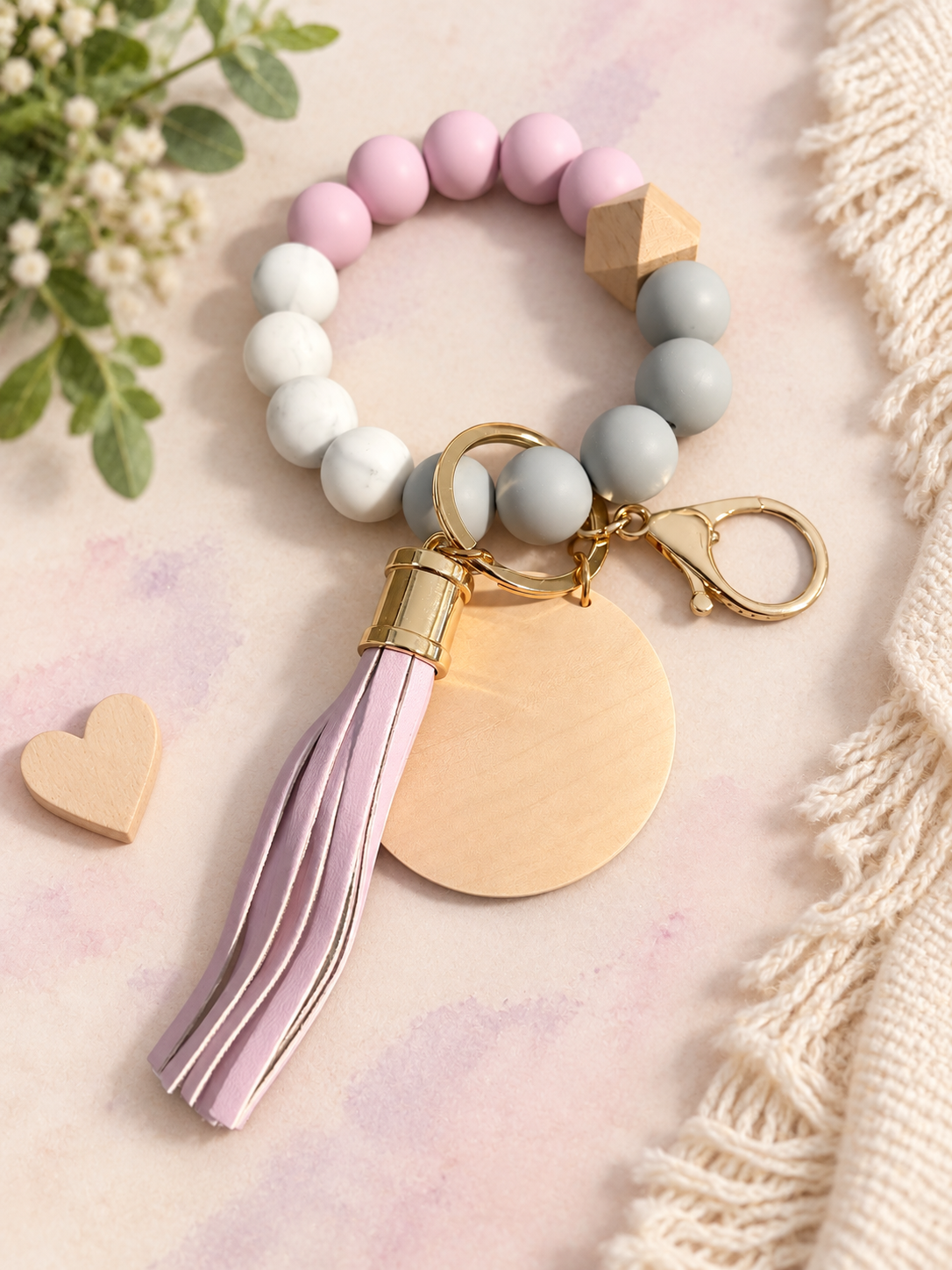 Blush Pink & Gray Beaded Wristlet Keychain