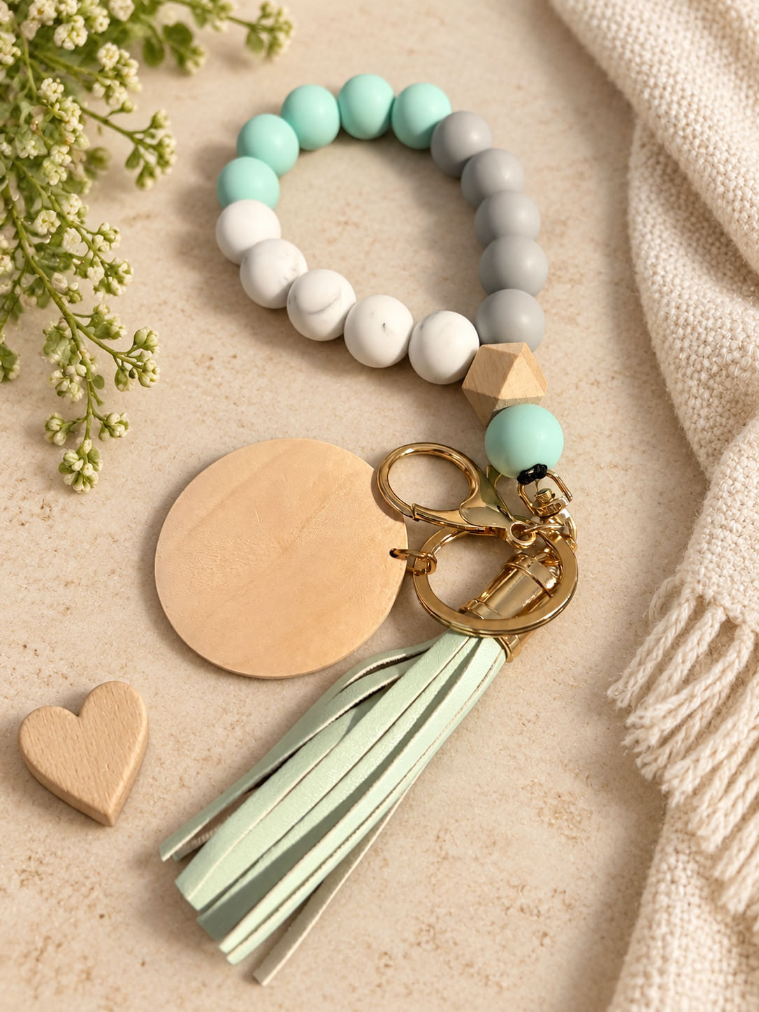 Mint & Gray Marble Beaded Wristlet Keychain