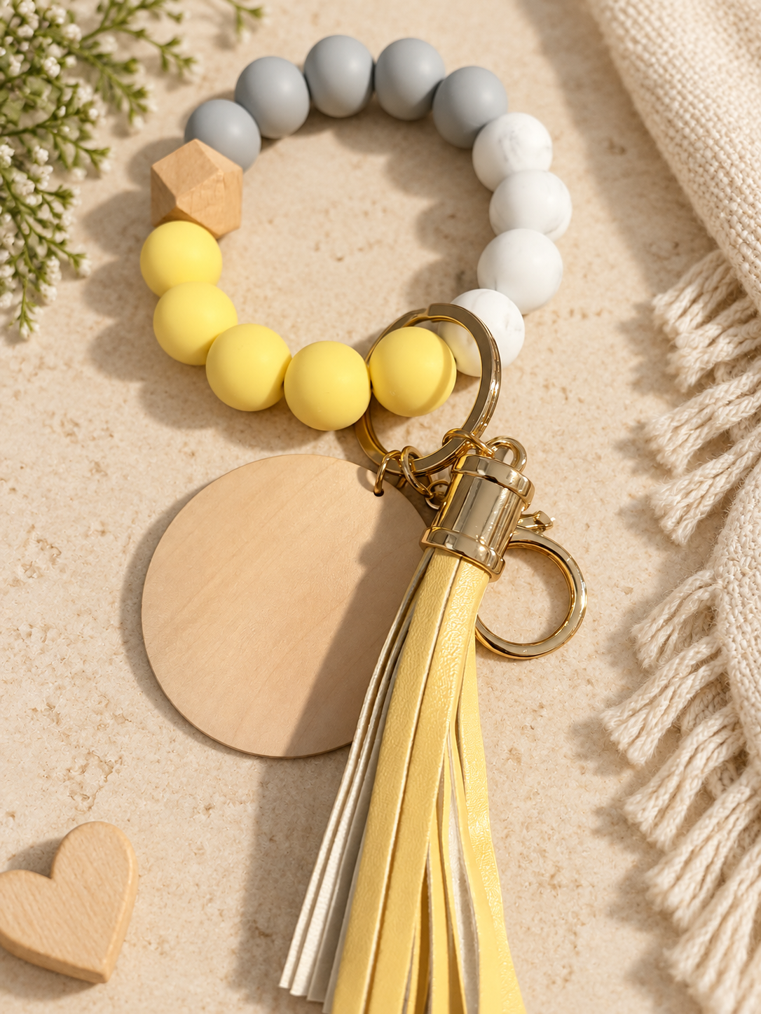 Sunshine Yellow & Gray Beaded Wristlet Keychain