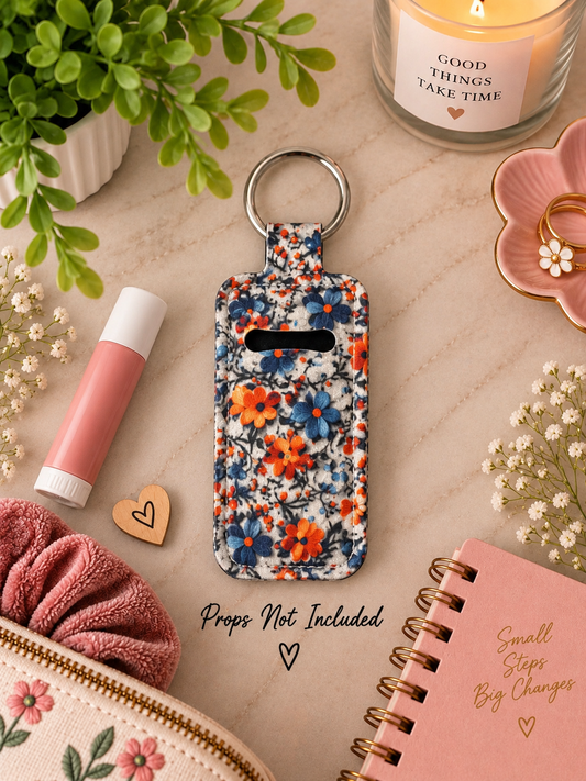 Blue & Orange Floral Lip Balm Holder Keychain