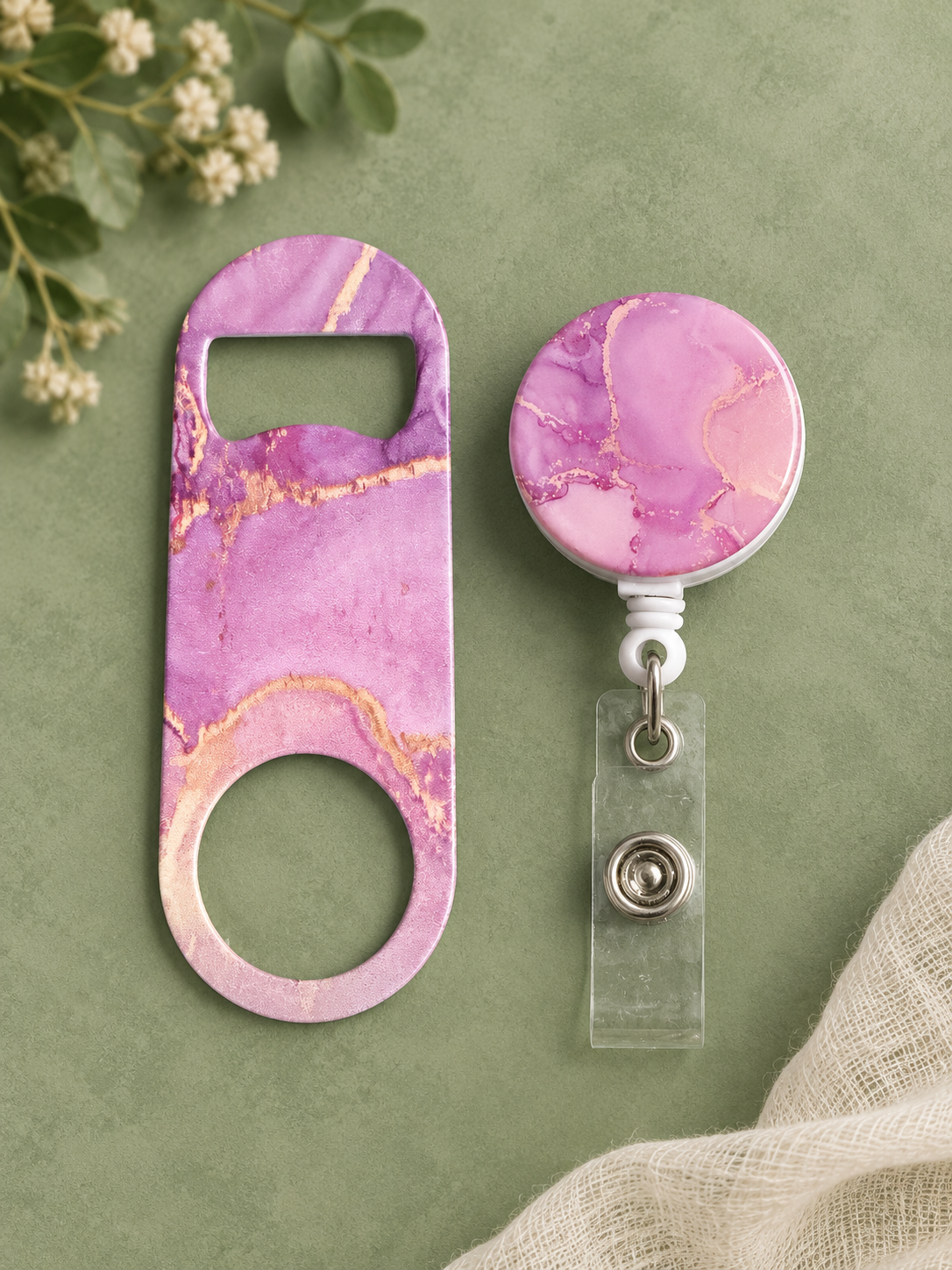 Pink Marble Badge Reel & Bottle Opener Set