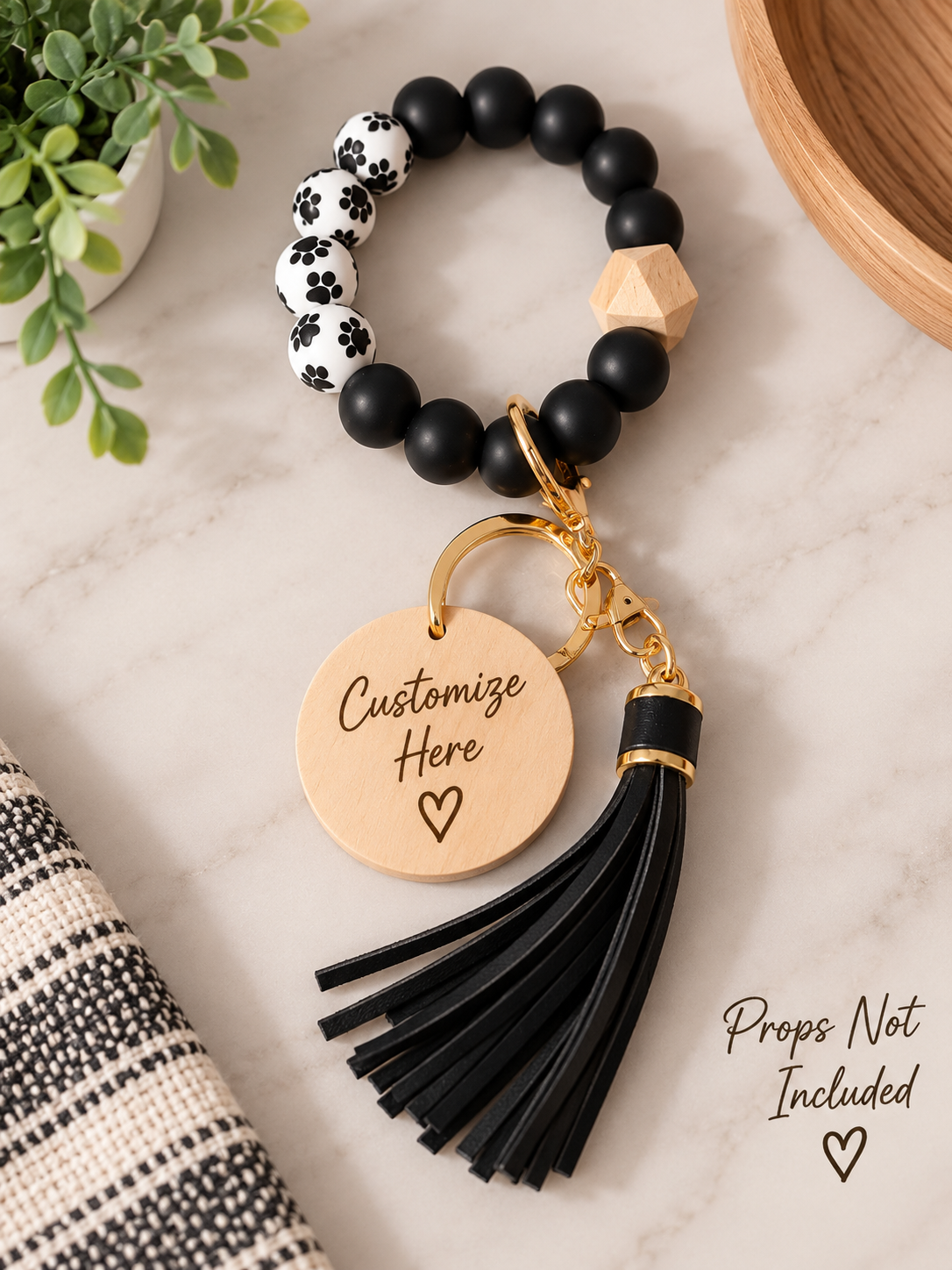 Black Paw Print Beaded Wristlet Keychain – Wood Disc & Tassel
