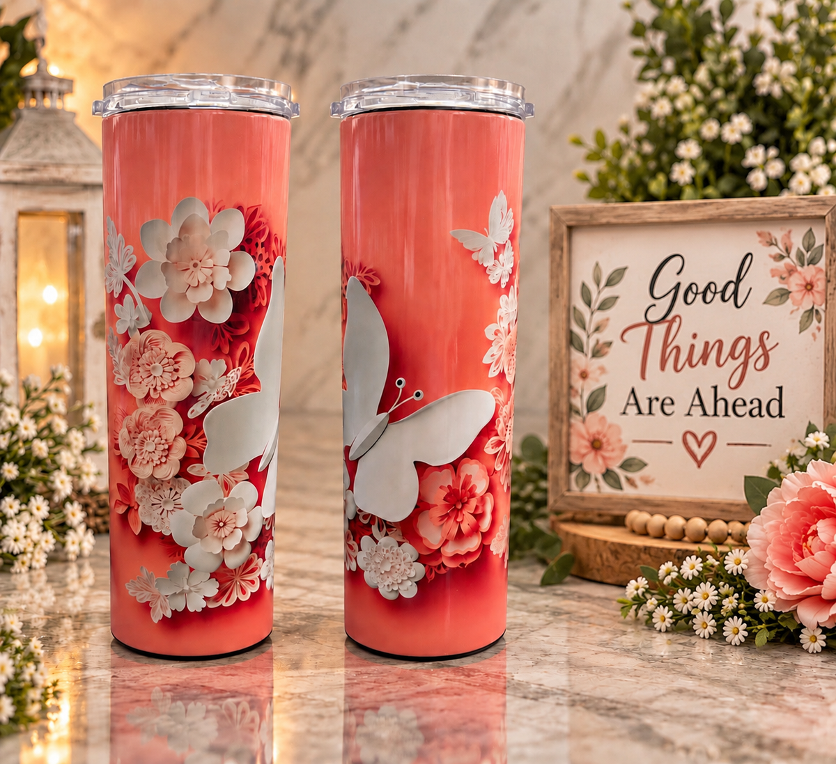 Good Things Are Ahead Butterfly Floral 20 oz Tumbler