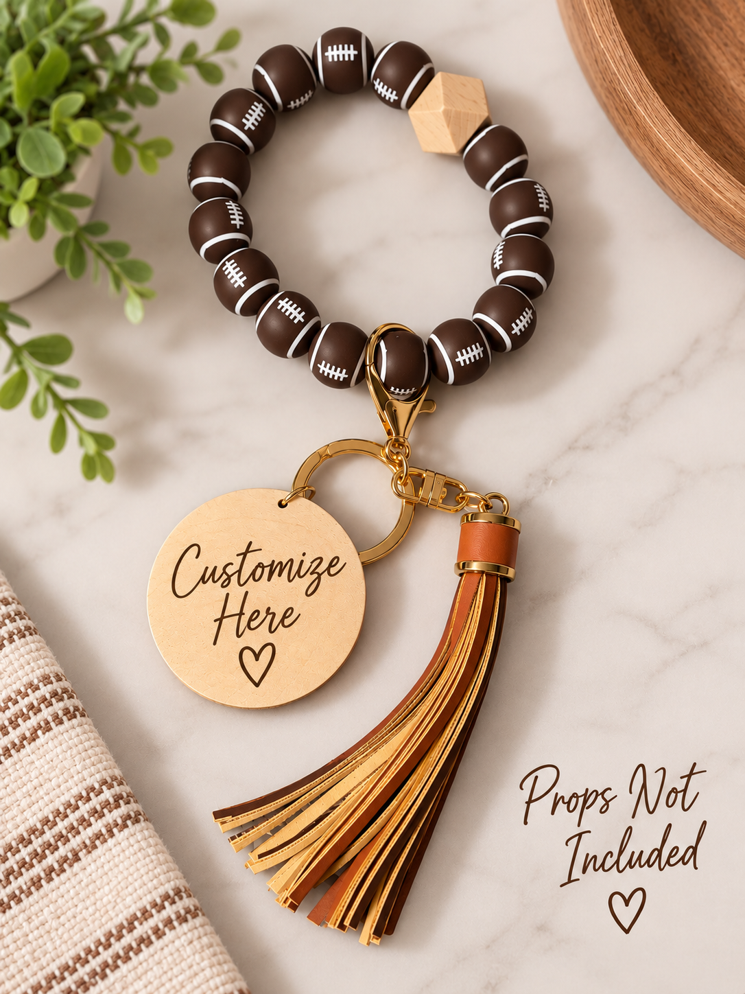 Football Beaded Wristlet Keychain with Wood Disc & Tassel