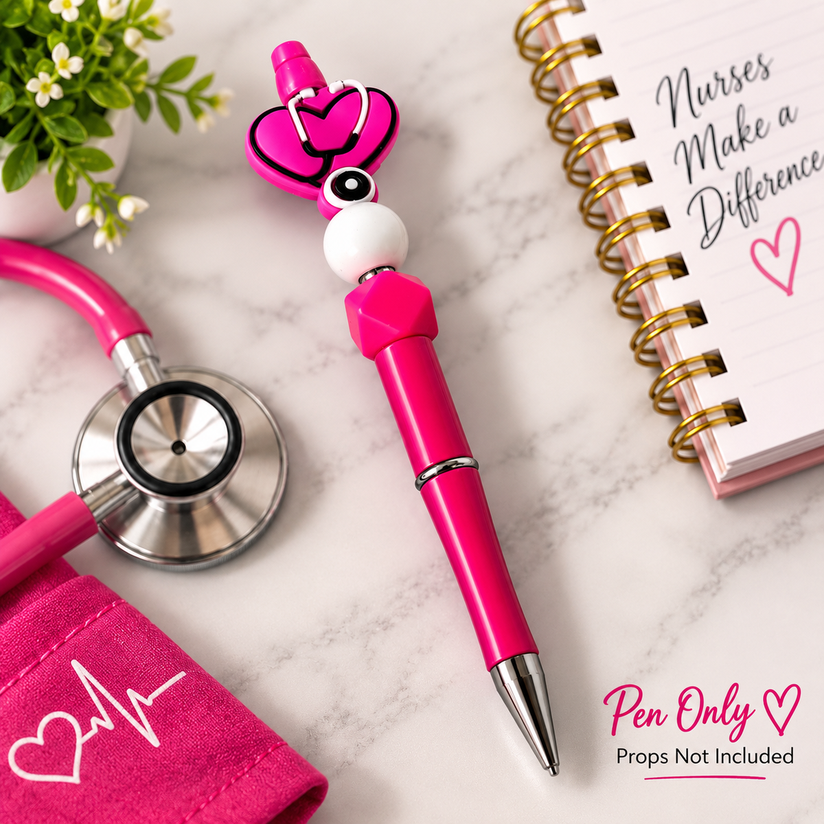 Fuchsia Nurse Life Beaded Pen – Stethoscope Heart