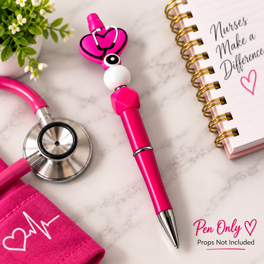 Fuchsia Nurse Life Beaded Pen – Stethoscope Heart