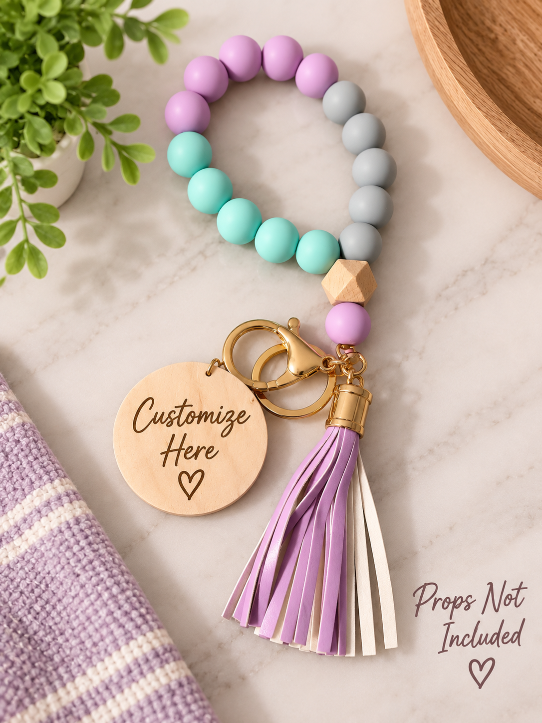 Lilac, Aqua & Gray Beaded Wristlet Keychain with Tassel