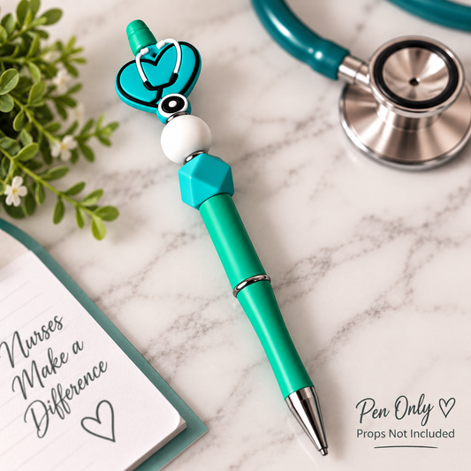 Teal Nurse Beaded Pen – Stethoscope Heart