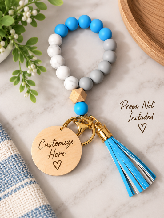 Blue, White & Gray Beaded Wristlet Keychain with Tassel